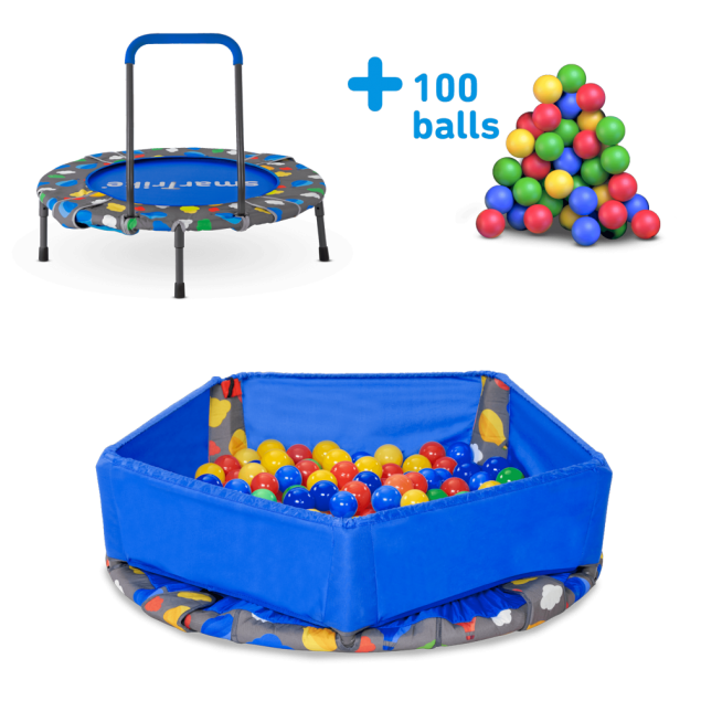 Image of smarTrike Indoor Toddler Trampoline with Handle - Ball Pit with 100 Balls Included - Foldable Kids Trampoline